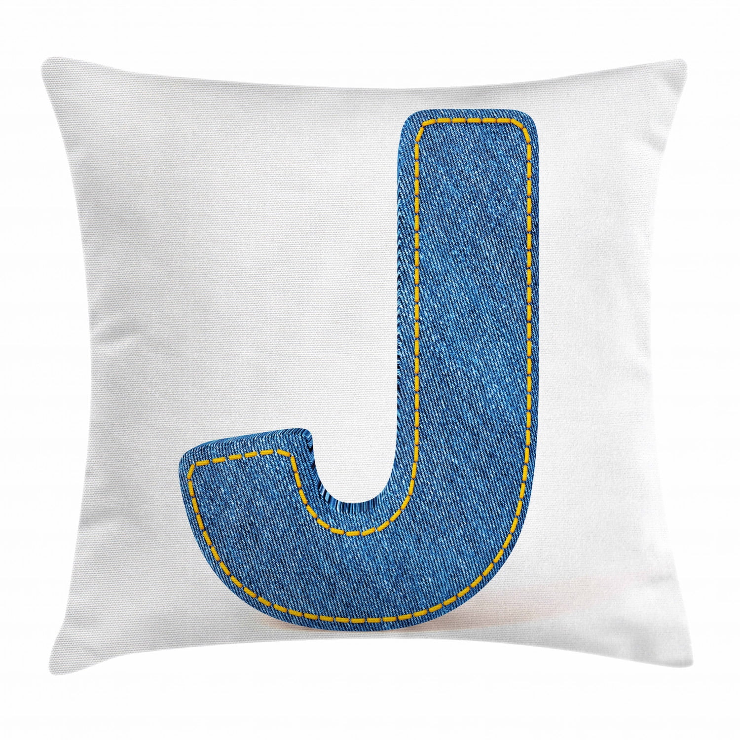 Letter J Throw Pillow Cushion Cover, Blue Jean Patterned Denim Alphabet