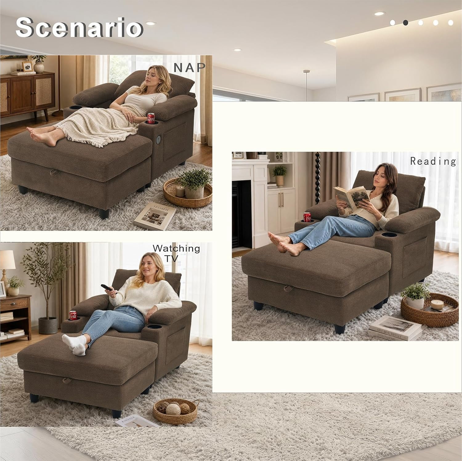 MOONMISS Chaise Lounge Chair Indoor, Convertible Recliner Reading Sofa Chair, Coffee | Cup Holders, USB Port, Adjustable Backrest, Storage Ottoman for Living Room,Home Theater & Bedroom,Coffee