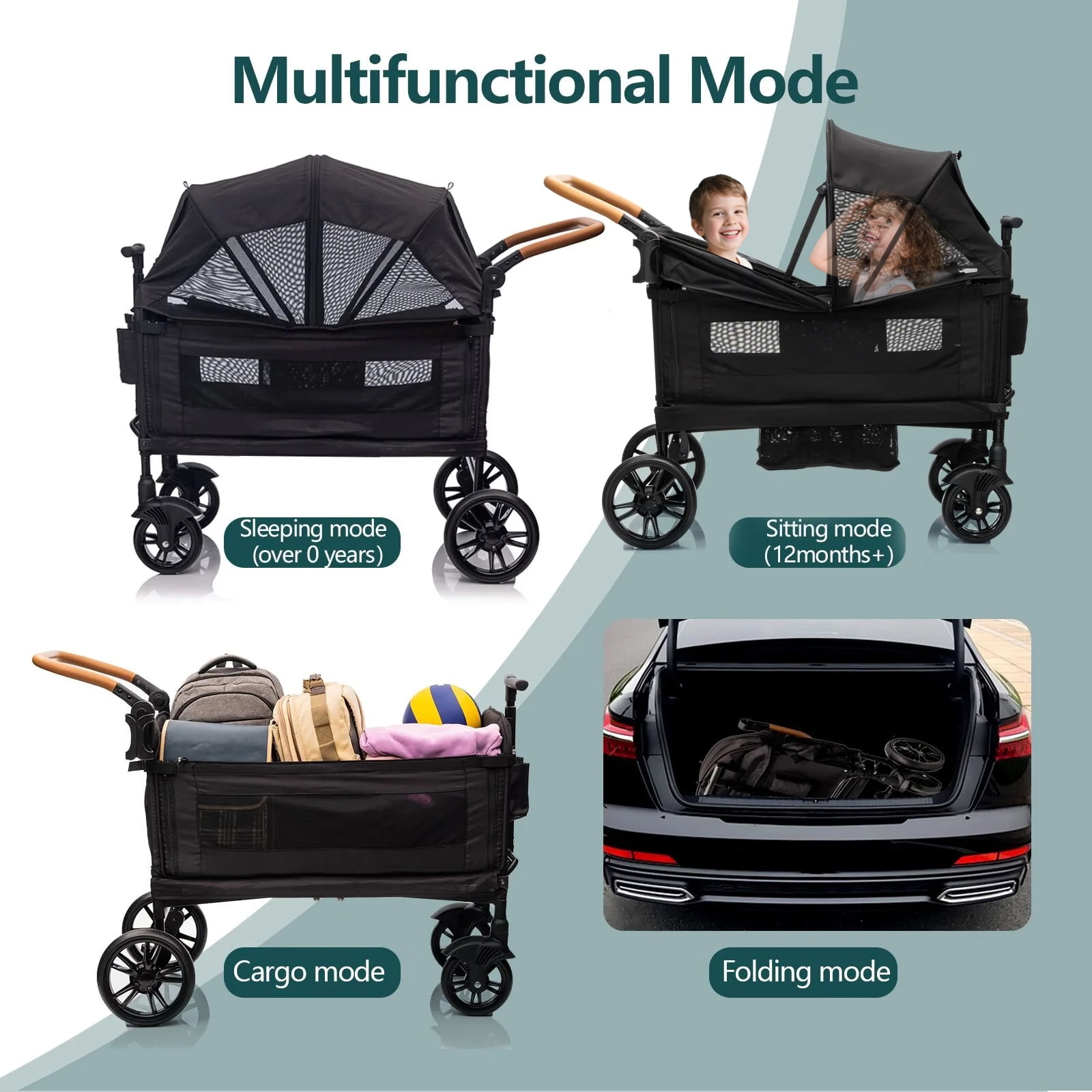 Funyard 2-in-1 Stroller Wagon for 2 Kids, Push Pull Wagon with 5-Point Safety Harness, Removable Canopy & Adjustable Handlebar, Lightweight Fold,Cup holder，Black