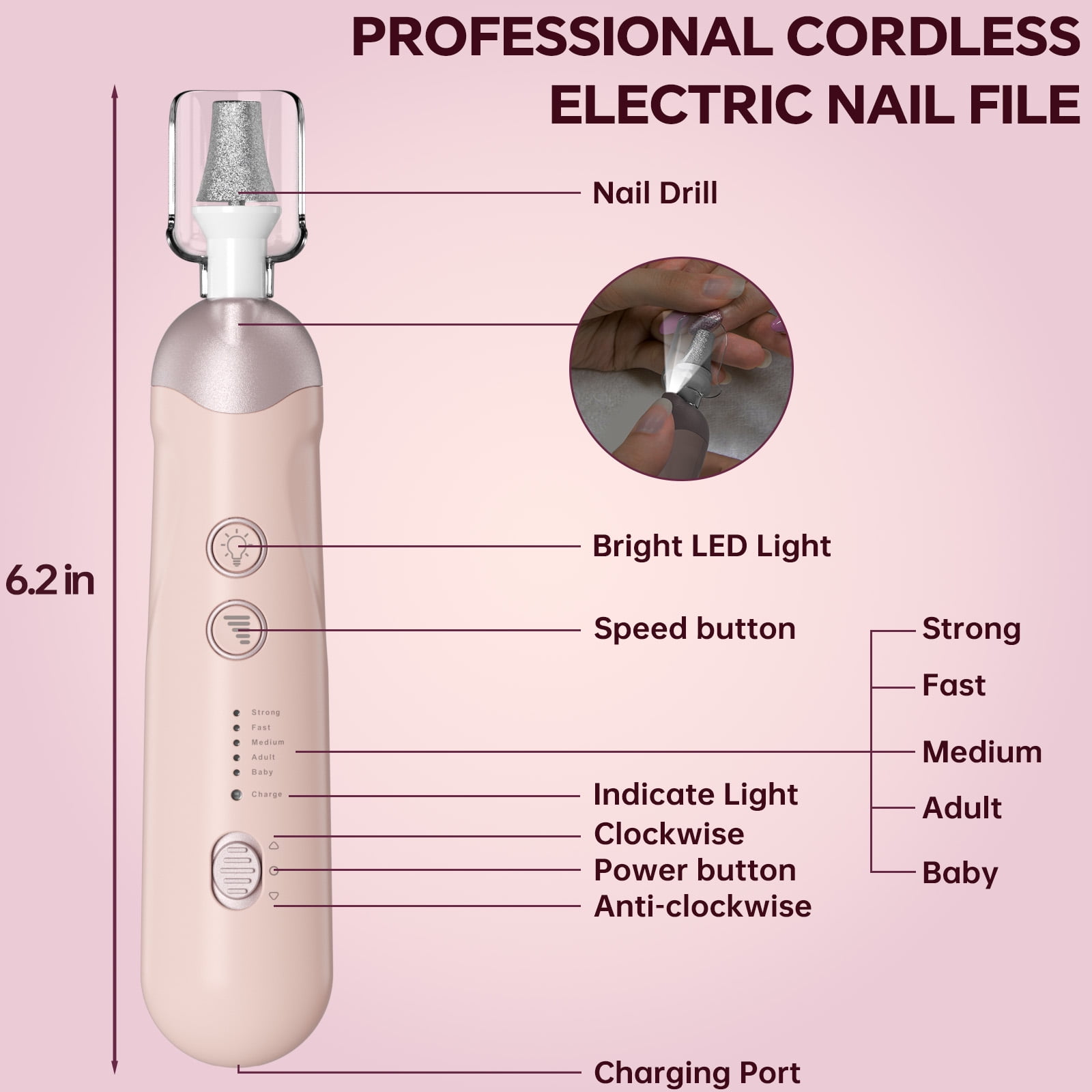 CshidWorld Cordless Electric Nail Drill Kit, Professional Manicure Pedicure Tool with LED Light, 9 Drill Bits, 5 Speeds Portable Nail File for Hand Foot Care, Thick Nails Cuticles（Pink）