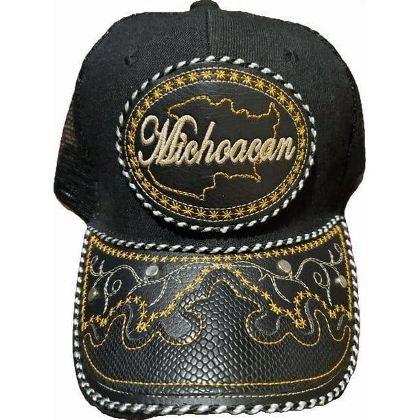 Gorra de Michoacan Gorro Ajustable Unisex, Estilo Charro, Poliéster/acrílico, Diseño de Piel de Serpiente Bordado en Negro