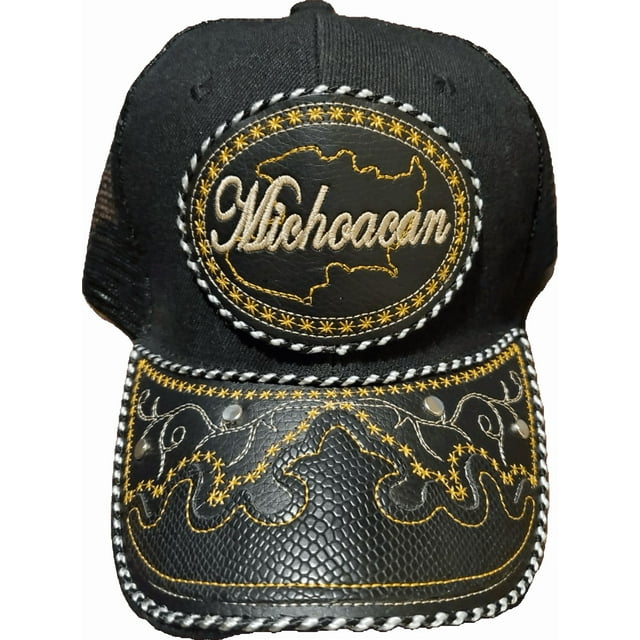 Gorra de Michoacan Gorro Ajustable Unisex, Estilo Charro, Poliéster/acrílico, Diseño de Piel de Serpiente Bordado en Negro
