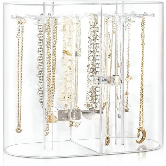 LAMIRO Acrylic Necklace Holder,Clear Necklace Organizer with 24 Hooks,Dustproof Rotation Jewelry Storage Holder Stand,Long Necklaces Pendant Bracelets Display Case for Dresser Bathroom Vanity