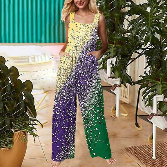 Gmdeguo Womens Fashion Carnival Print Overalls Casual Loose Dungarees Soft Wide Leg Jumpsuit Baggy Playsuit Adjustable Suspender Straps with Pockets