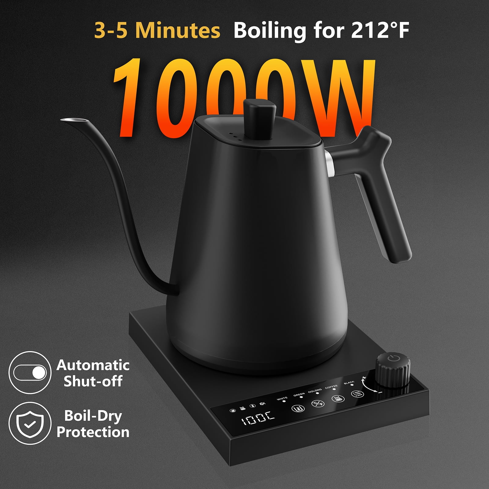 Eurhowing Electric Gooseneck Kettle, 0.6L Stainless Steel Pour-Over Kettle, 1000W Brewing Kettle for Coffee & Tea, 1°C Temperature Control & Hold, Black