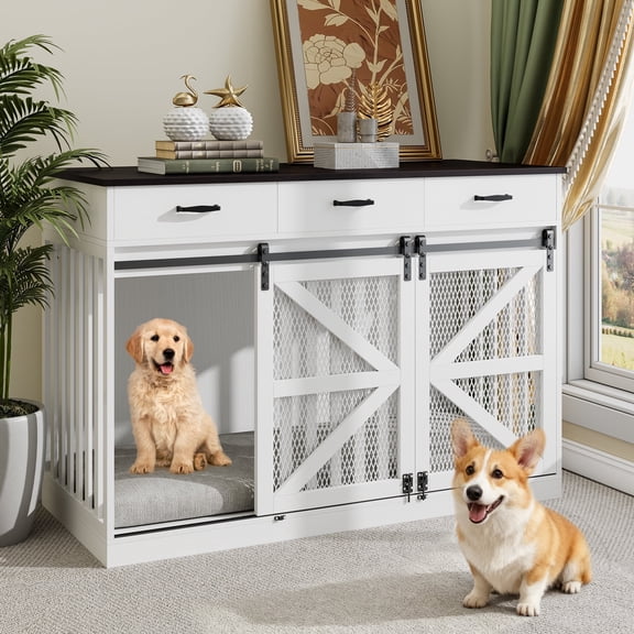 Casendy Dog Crate Furniture with Adjustable Divider for 2 Dogs, Heavy Duty Dog Kennels with 3 Drawers and Sliding Doors, Media Console Dog Cage for Living Room, White