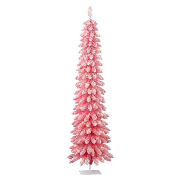 7 ft Pre-Lit Flocked Pink Artificial Alpine Pencil Tree