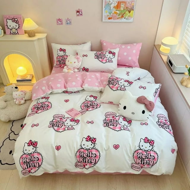 Sanrio Hello Kitty Bedding Set Cute Cotton Four Piece Double Queen Size Pillowcase Bed Linens Girl Dorm Bedclothes Home Textile RJ