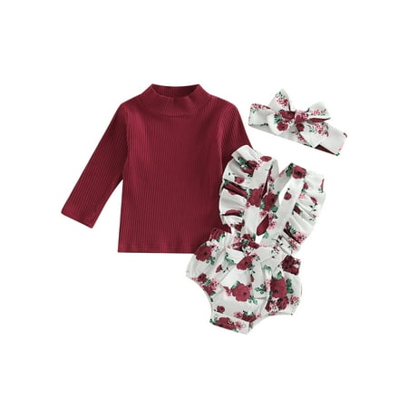 

Baby Girls Romper Set Long Sleeve T-shirt + Floral Romper + Hairband
