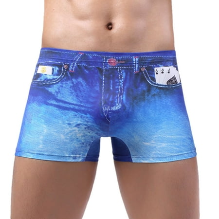 

Men Low Rise Underwear Funny 3D Cowboy Faux Jean Denim Pattern Printed Shorts Boxer Briefs Summer Sexy Stretch Underpant