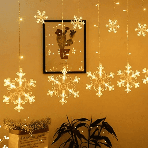 Cortinas Series Luces Navideñas Copo Nieve Adorno Decoracion Xtellar amarillo