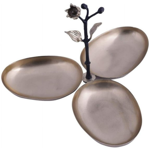 3 Bowl Condiment Server - Vintage Finish Condiment Caddy - Display Bowl for Decorations - for Dining Table and Kitchen - w/Flower Bud Stem Handle - Condiment Serving Tray - 12 x 12 x 8 Inches