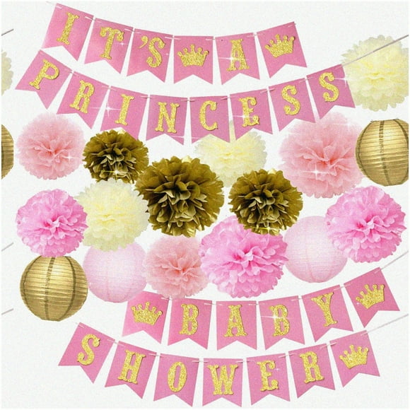 Royal Affair Baby Shower Kit: Pink & Gold Princess Decorations with Banner, Pom Poms, Lanterns & More for a Perfect Gender Reveal Party!