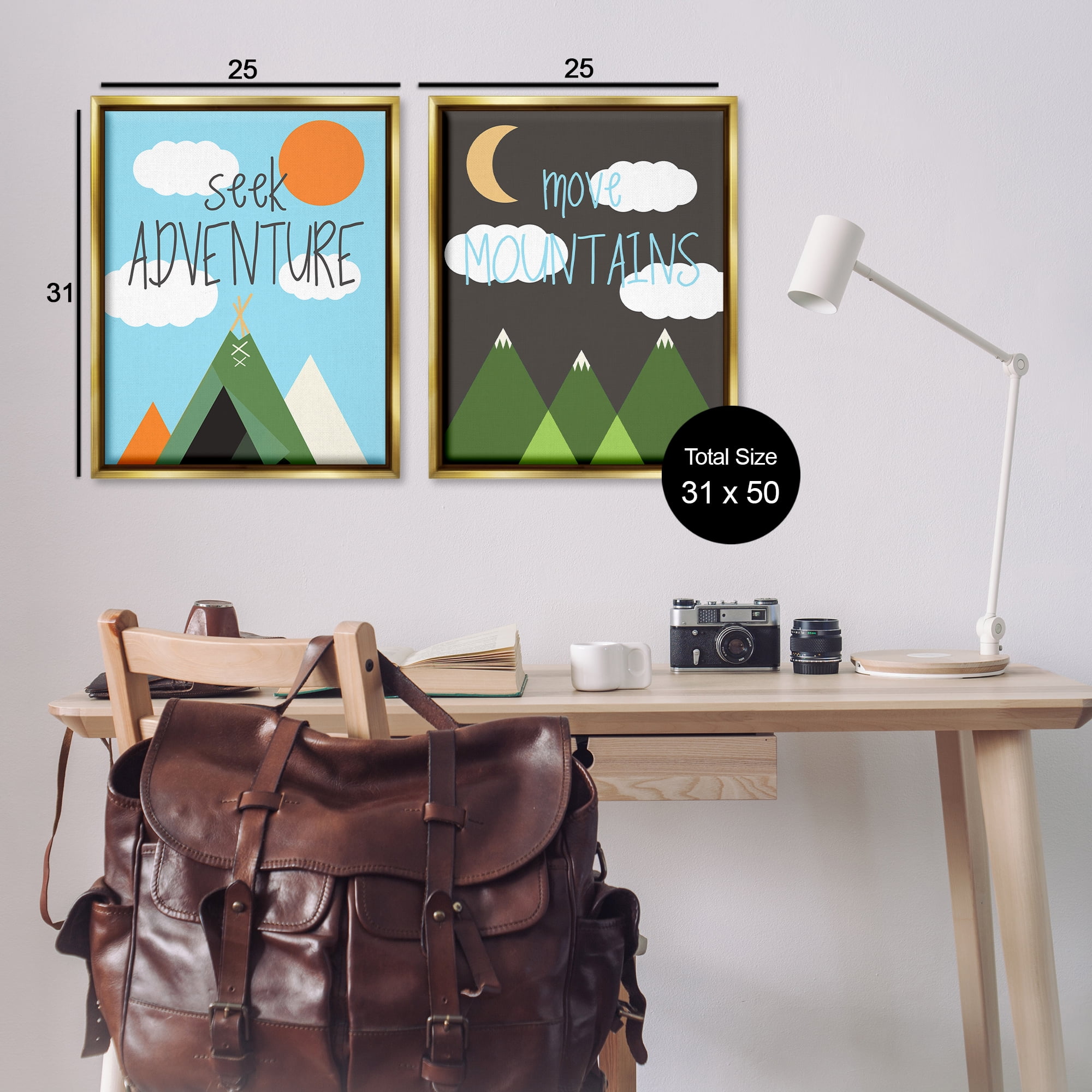 Stupell Industries Seek Adventure Move Mountains Text & Numbers Painting Gold Floater Framed Canvas Art Print Wall Art, 31 x 25, Set of 2