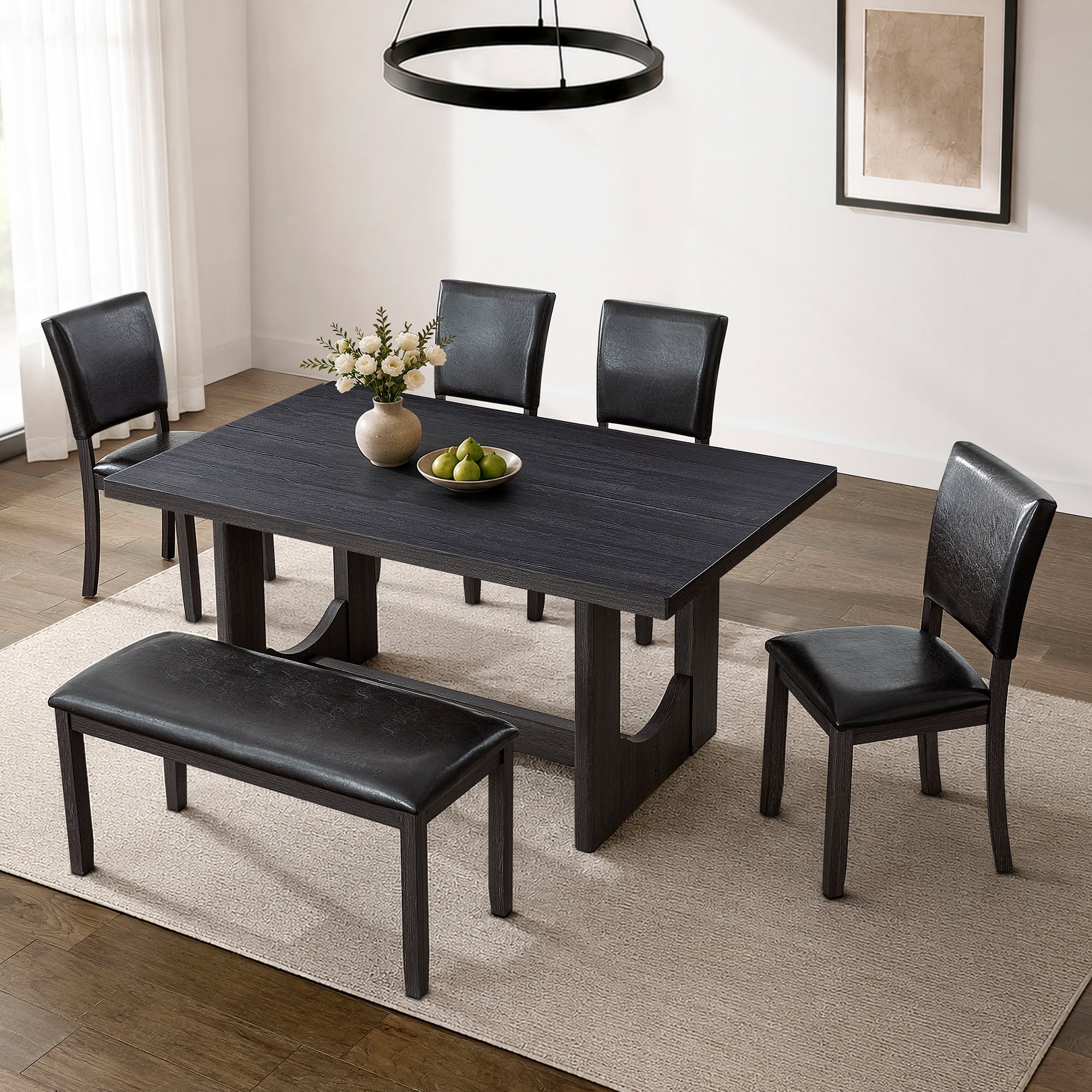 6-Piece Dining Table Set for 6, 57" Wood Rectangular Kitchen Table with 4 PU Leather Chairs & Bench
