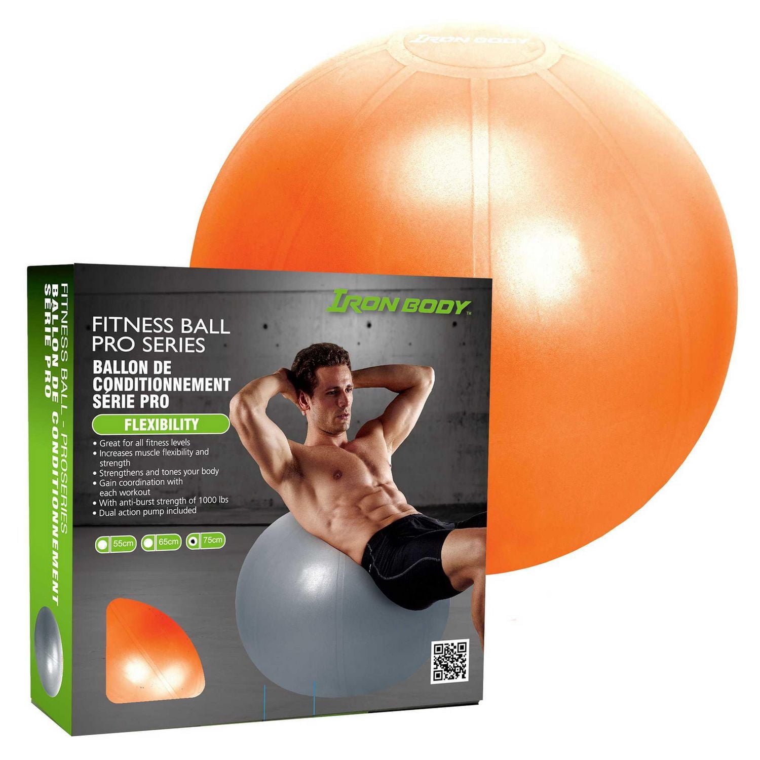 Iron Body Fitness Pro Series Stability Ball with Pump, Anti-Burst Exercise Ball