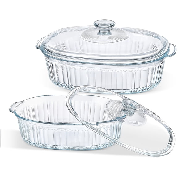 Glass Casserole Dish Set with Lids, Ribbed Oval Roaster 50oz 85oz, Oven Microwave Safe Transparent Deep Bakeware for Baking Roasting Holidays