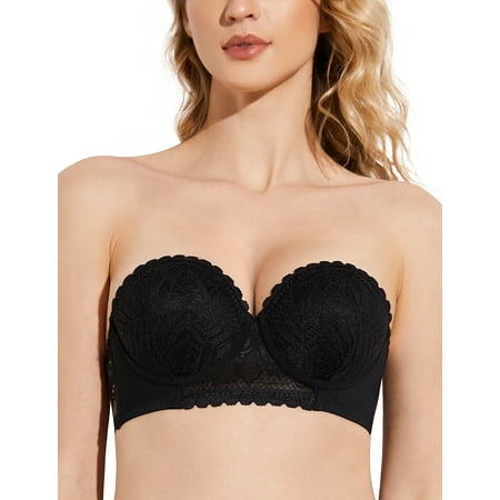 Deyllo Women s Push Up Strapless Bra Plus Size Lace Underwire Full Coverage Multiway Invisible Bras Black 38C