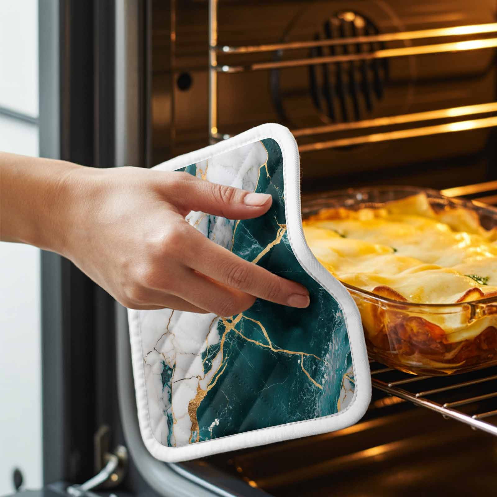 Marble Turquoise Pot Holders for Kitchen Heatproof Potholder, 3 Pack Abstract Gold White Brick Stone Motif Hot Pads Multipurpose Oven Pads Cloth Potholders Trivet for Cooking Baking