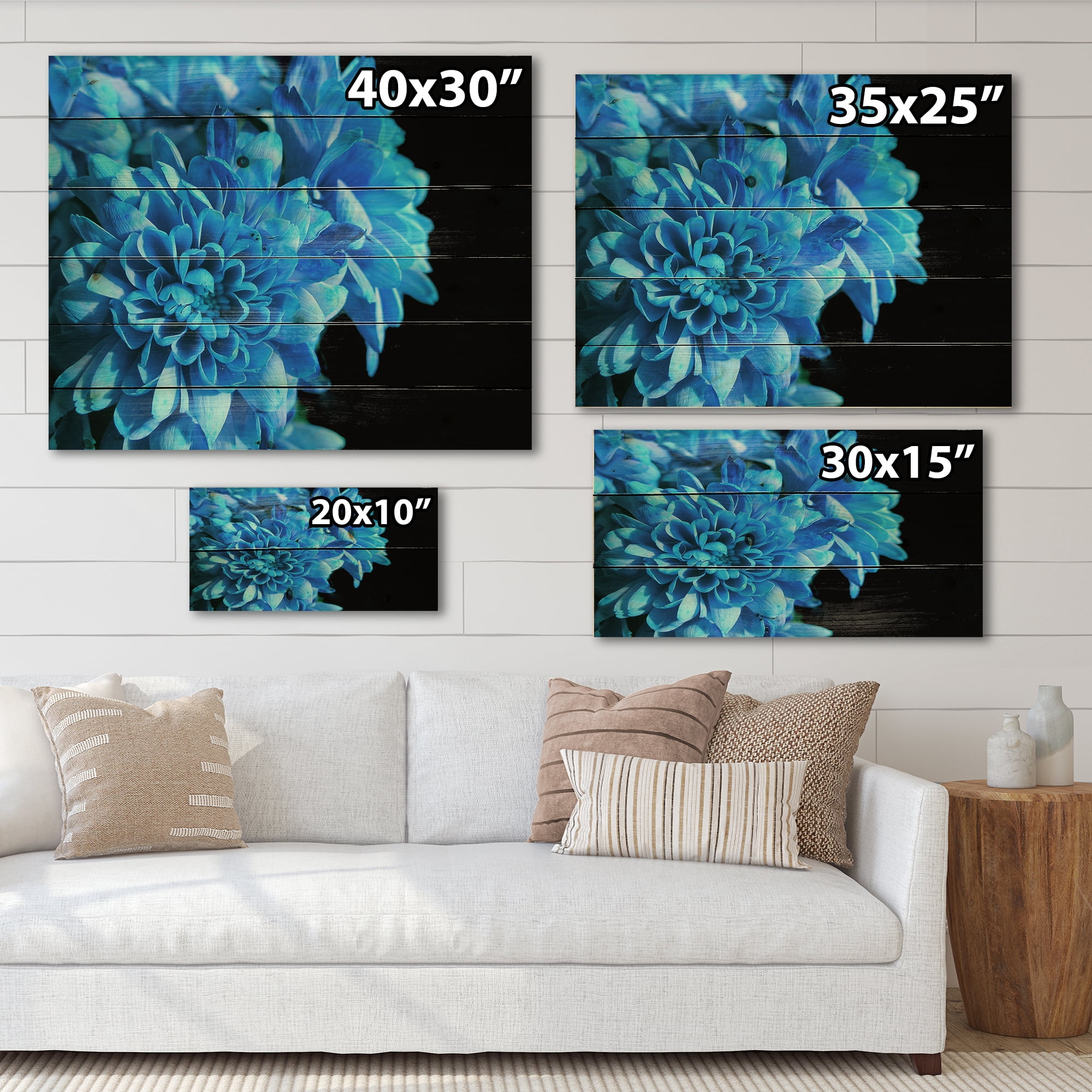 Designart 'Detail of Blue Flowers On Black Background I' Traditional Print on Natural Pine Wood