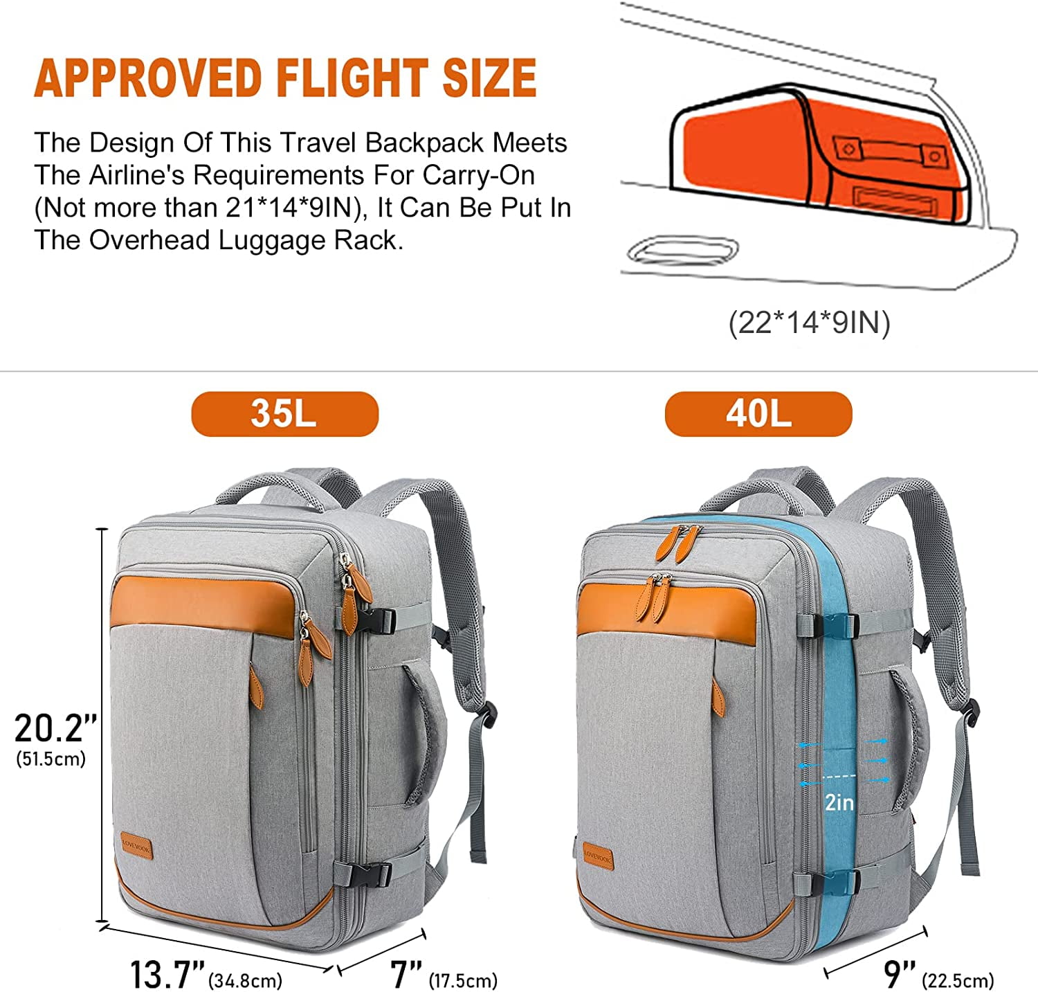 LOVEVOOK College School Backpack Men Women, 40L Expandable Carry On Luggage Set Airline Approved, Large Waterproof Suitcase Weekender Overnight Bag-Grey