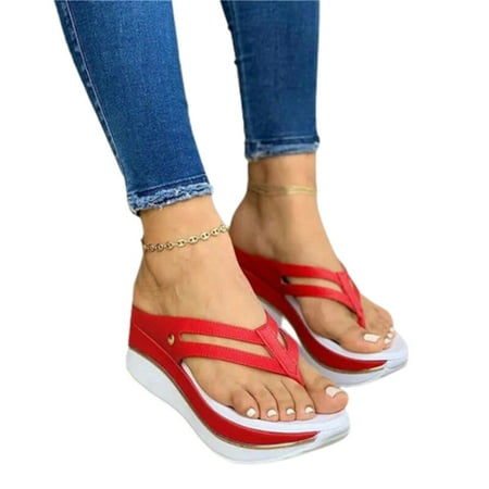 

Women Thongs Slippers Casual Bulky Platform Sandals PU Flat Heel Slide Shoes 40 Red