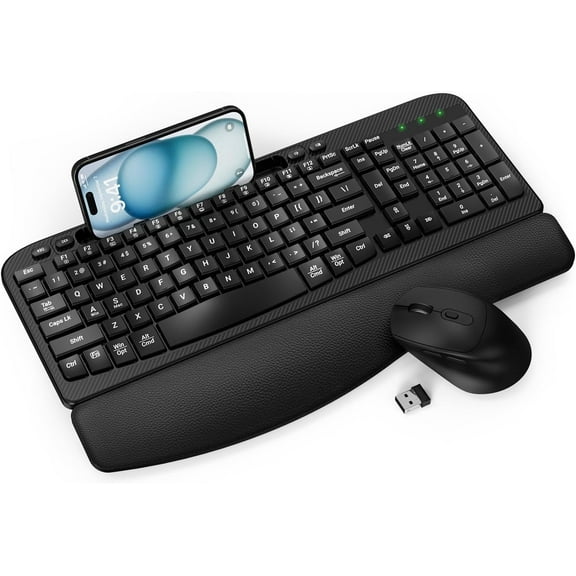 Wireless Keyboard and Mouse Combo, Wave Keys Full-Sized Ergonomic Keyboard with Cushioned Plam Rest, Phone Holder, Comfortable Natural Typing, 2.4G Cordless Set for Computer, Laptop, PC, Mac, Windows