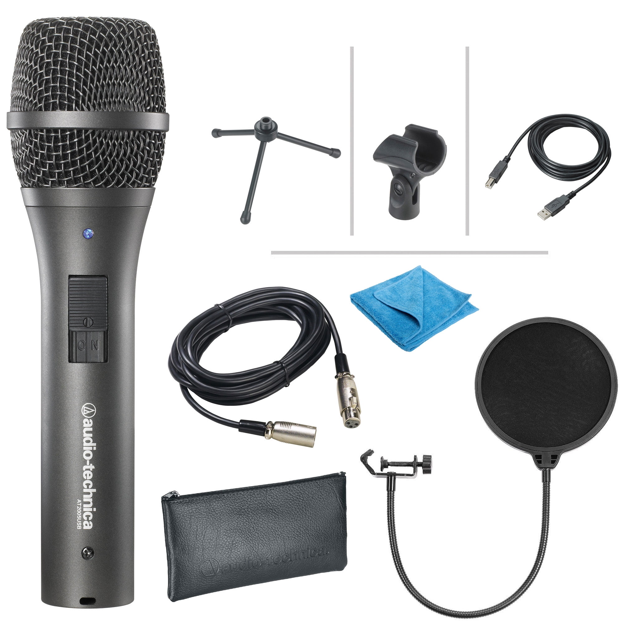 Audio-Technica AT2005USB Cardioid Dynamic USB/XLR Microphone W/Pop Filter,  XLR Cable,Cloth &Stand Clamp