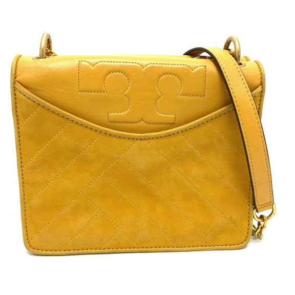 Pre-Owned Tory Burch Logo Chain Pochette Shoulder Bag in Lambskin Leather, Yellow (Fair)