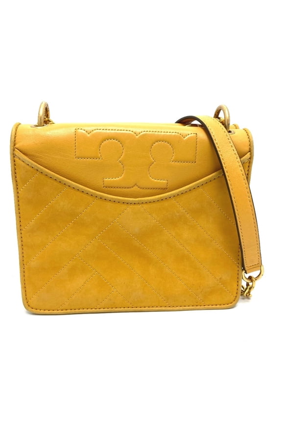 Pre-Owned Tory Burch Logo Chain Pochette Shoulder Bag in Lambskin Leather, Yellow (Fair)