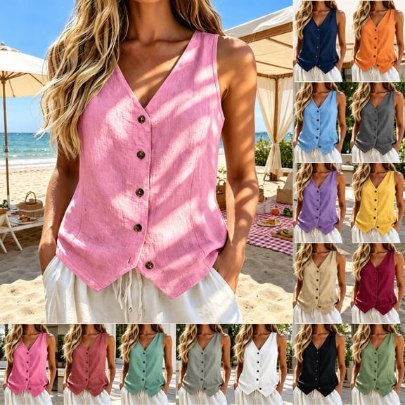 Women Linen Look V Neck Tops Casual Short Sleeve Button Up Blouses Lightweight Solid Color Loose Fit Shirts for Spring Summer Fashion, Lazyguy