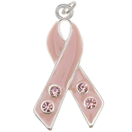 Silverplate Pink Enamel - Silver Plated Pink Enamel Awareness Ribbon Charm Adorned With SWAROVSKI ELEMENTS Crystal 27mm (1)