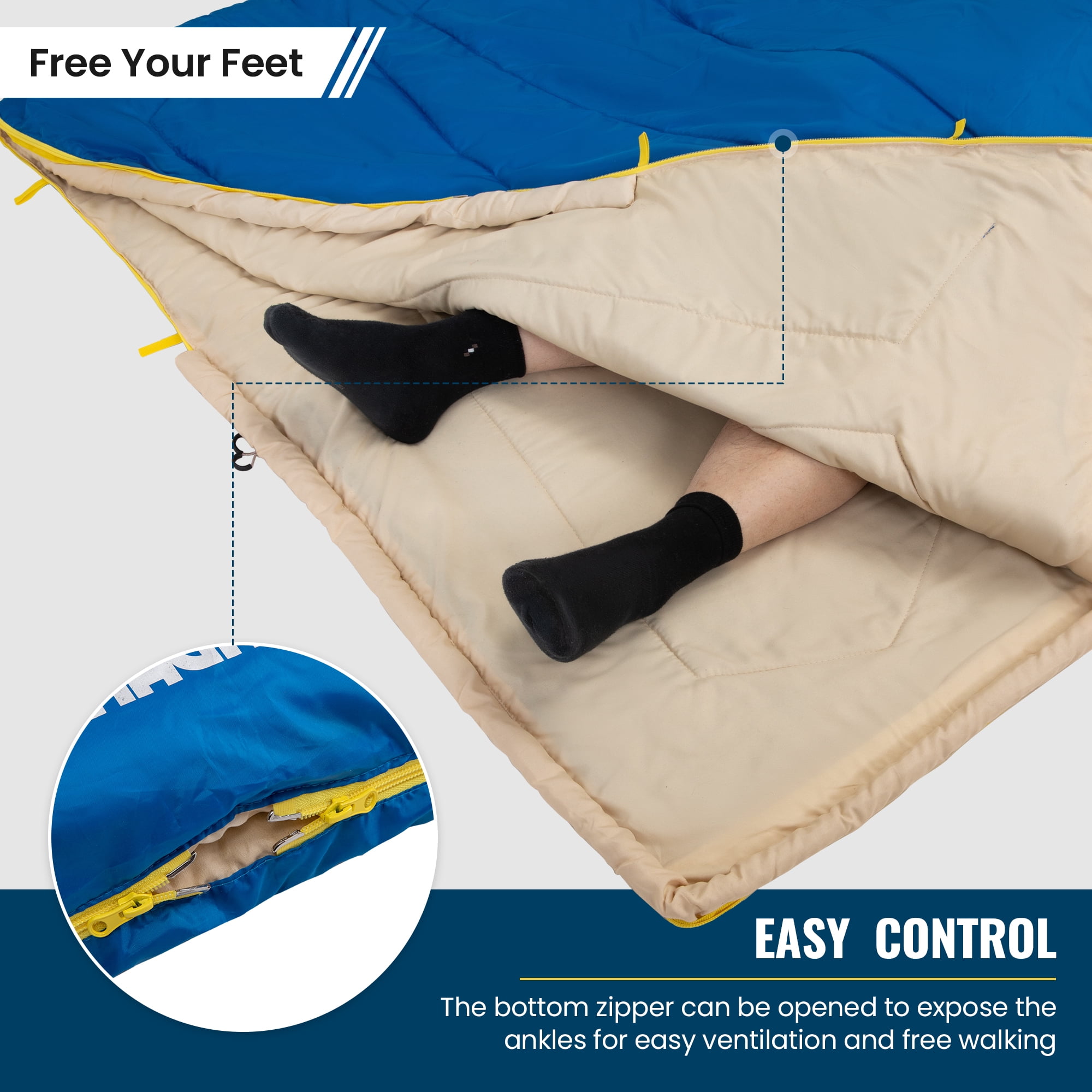 FUNDANGO Two Person Sleeping Bags with Pillows 220cm*150cm Double Camping Sleeping Bags with Compression Sack Queen Size 39.2°F-62.6°F Keep Warm Sleeping Bag, 6.1lbs, Blue
