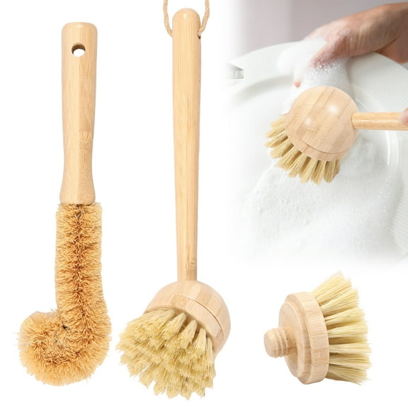 Sutowe Bamboo Dish Brush Set with Handle Efficient Bamboo Brush Cleaner Practical Wood Dish Scrubber Versatile Kitchen Scrub for Cleaning Dishes Bottles Pots