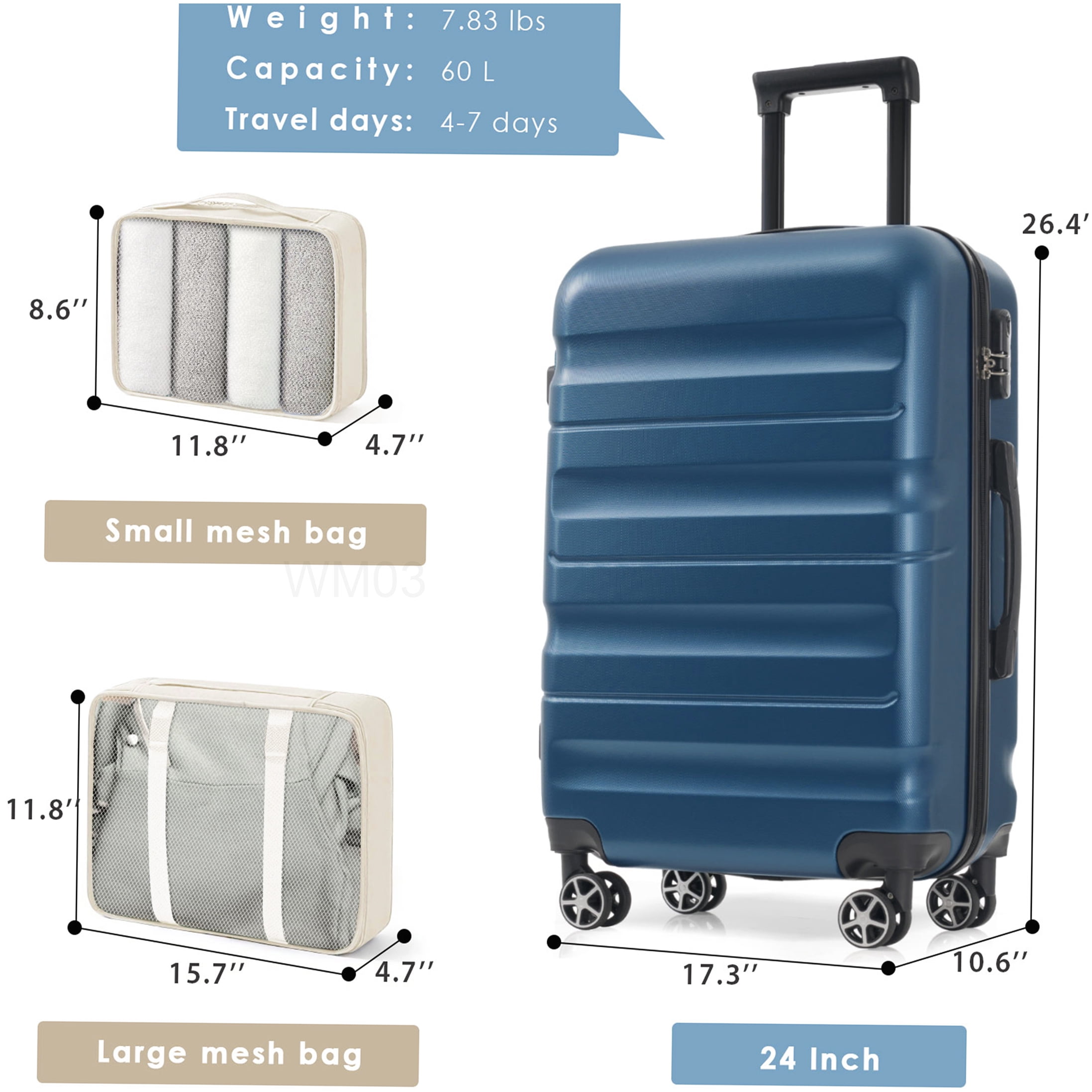 Lightweight ABS Hardshell Suitcase with 360° Spinner Wheels, 24-Inch Checked Luggage & Packing Organizers