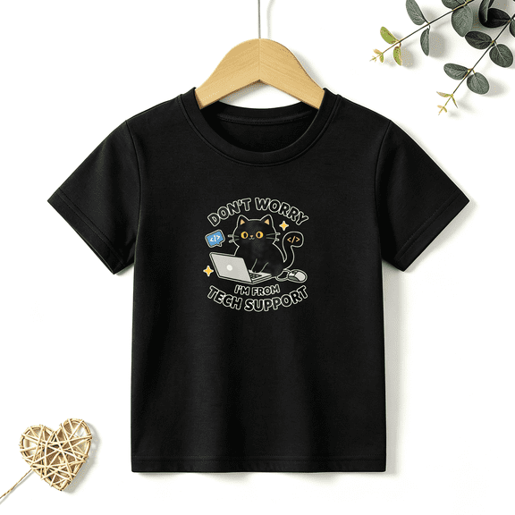 Boys Graphic T Shirt Funny Tech Support Cat Short Sleeve Tee Computer Lover Style 100% Cotton Soft Kids Tops 4-13Y