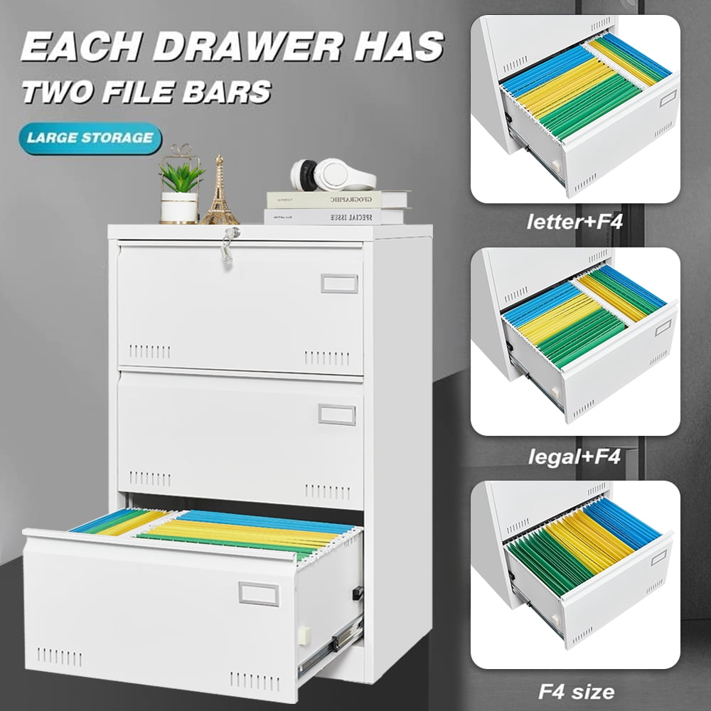 Syngar Metal Lateral File Cabinets with Lock, 3 Widened Drawer Large Filing Cabinet, Lockable Storage Cabinet for Legal/Letter/A4/F4 Size Home Office, White