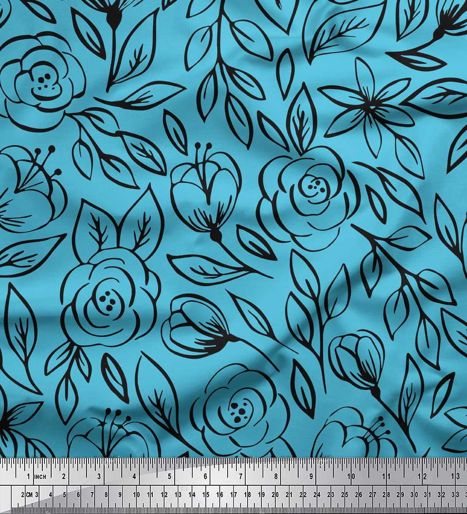 Soimoi Blue polyester Crepe Fabric Leaves & Rose Floral Print Sewing Fabric Yard 42 Inch Wide