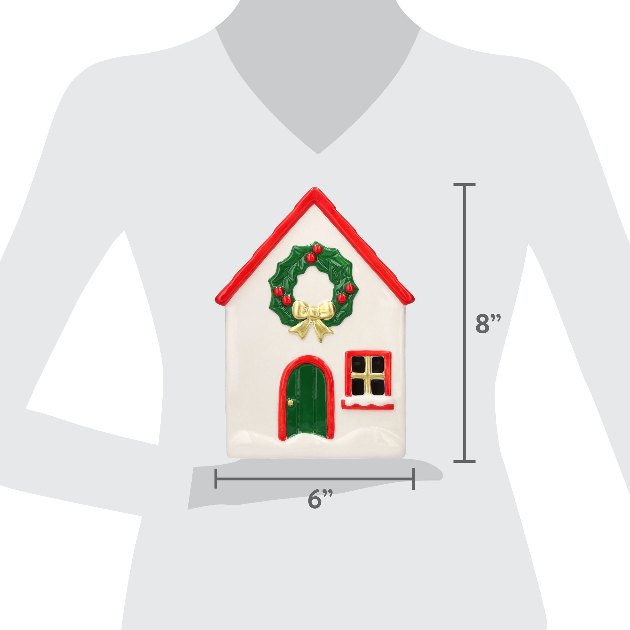 Ceramic House with Wreath Christmas Decoration, Red/White/Green, 8", by Holiday Time