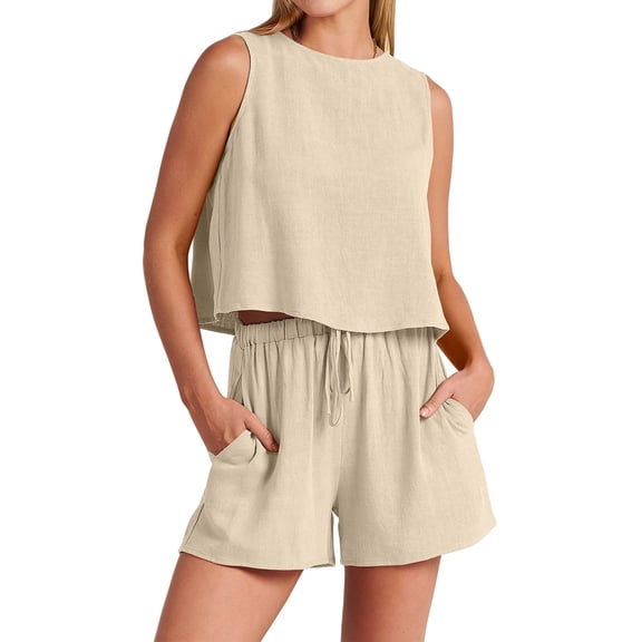 Women'S Summer 2 Piece Outfits Sleeveless Crop Top Short Pants Linen Lounge Beach Travel Sets Color S