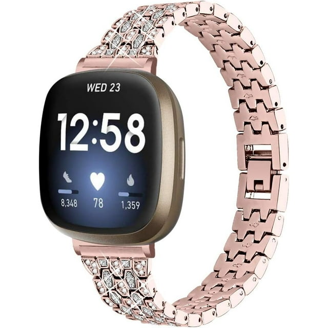 REQO Compatible with Fitbit Versa 4&Versa 3 Bands, Adjustable Stainless Steel with Diamonds Bands Replacement Ceramic Inlaid Metal Bracelet for Fitbit Versa 4&Versa 3 Accessories