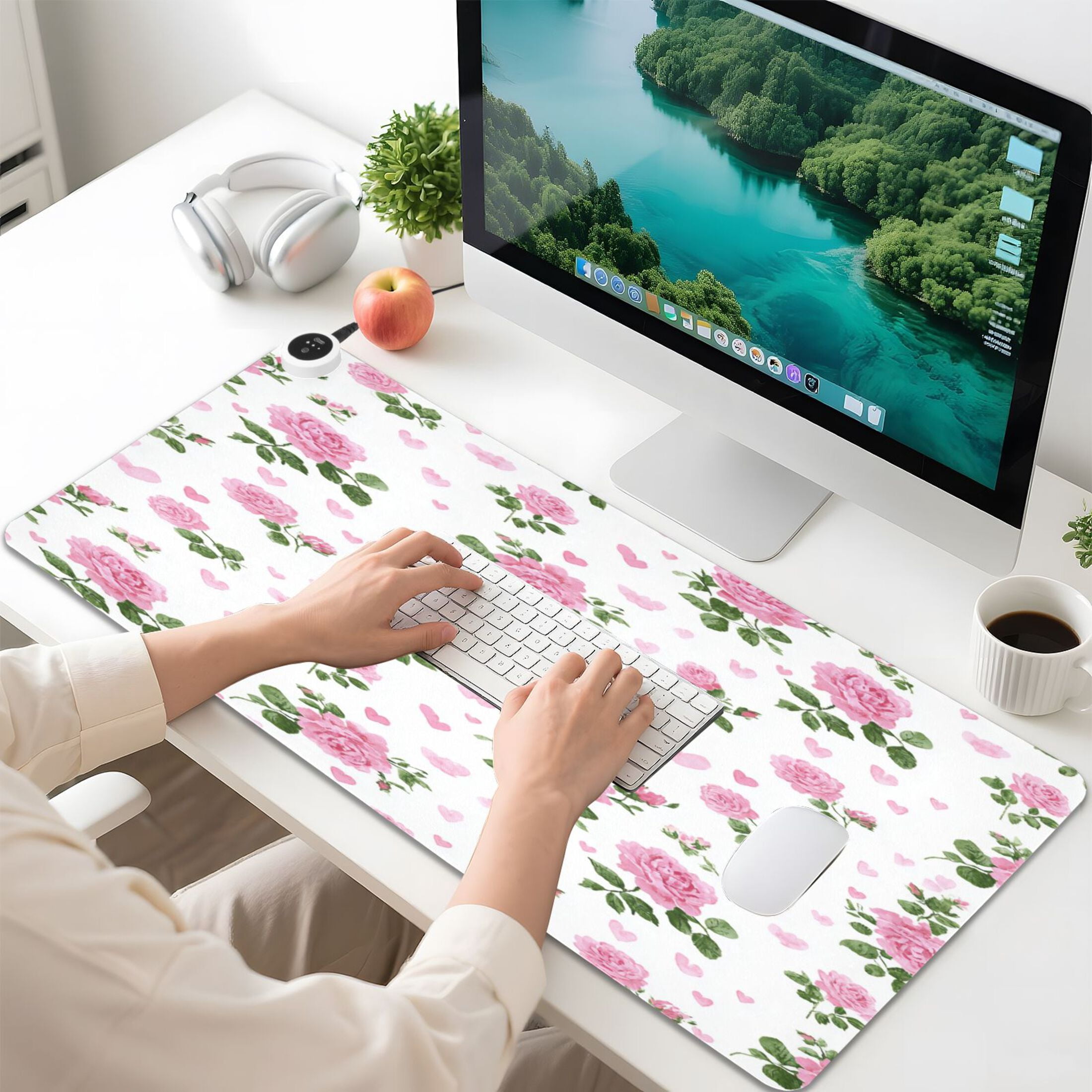 Large Heated Desk Mat Mouse Pad 31.5"x13"PU Leather Graphene Heating Desk Warmer with 3 Temperature Settings 110V US Plug Non-Slip Warm Pad for Home, Office, and Gaming Lovely Rose Heart Pattern