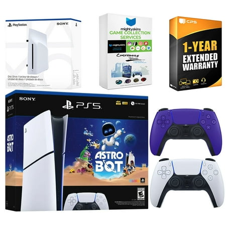 Sony PlayStation 5 Astro Bot Slim Digital Bundle with Disc Drive, Extra Controller, MightySkins Game Collection Services and 1 Year Extended Warranty - Galactic Purple