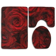 PUDMAD Red Rose 3 Piece Bathroom Rugs Set Bath Rug Contour Mat and Toilet Lid Cover