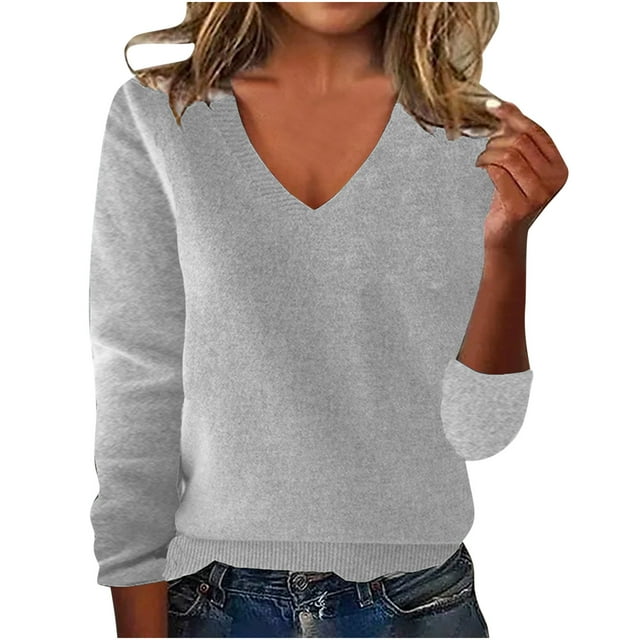 FAIWAD Women's Sweater Long Sleeeve V Neck Knitted Pullover Sweater Soft Lightweight Solid Color Base Layer Tops