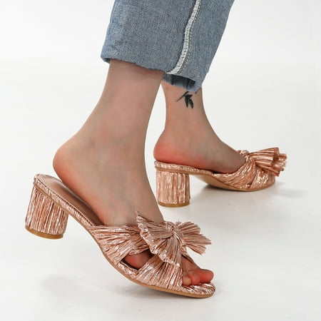 

HIMIWAY Wedge Sandals for Women Women s Fashion Sandals Thick Heel Bow Silk Sandals Retro Buckle Shoes Rose Gold 43