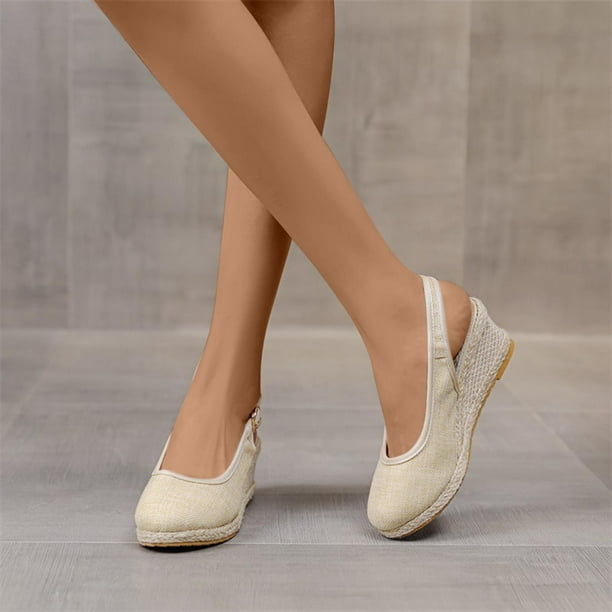 Qiaocaity Women's High Heels Shoes Linen Straw Sandals Wedges Casual Canvas  Dress Slippers Beige Size 4 - Walmart Business Supplies