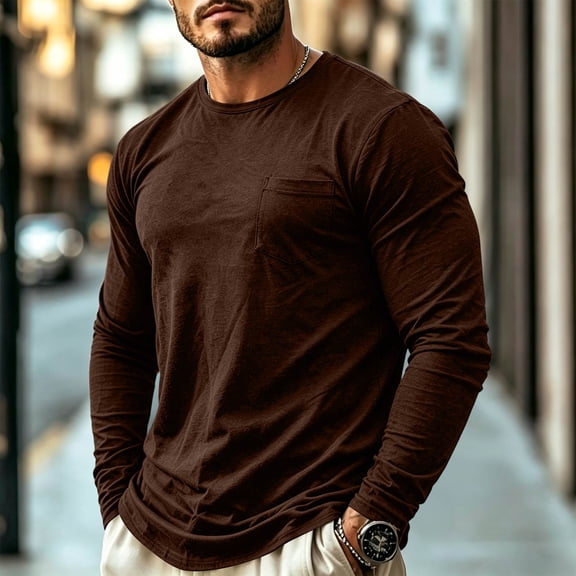 Domuza Mens Long Sleeve Shirt with Pocket Crew Neck Shirts Casual Solid Lightweight Basic T-Shirt Brown XL