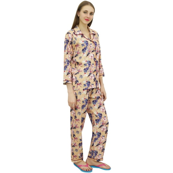 Bimba Beige Button-Down Shirt With Elastic Waist Pajama Pant Night Wear Set-4