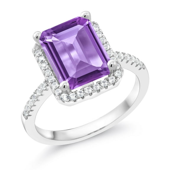 Gem Stone King 925 Sterling Silver Purple Amethyst Engagement Ring for Women (3.86 Cttw, Emerald Cut 10X8MM, Gemstone February Birthstone, Size 5)